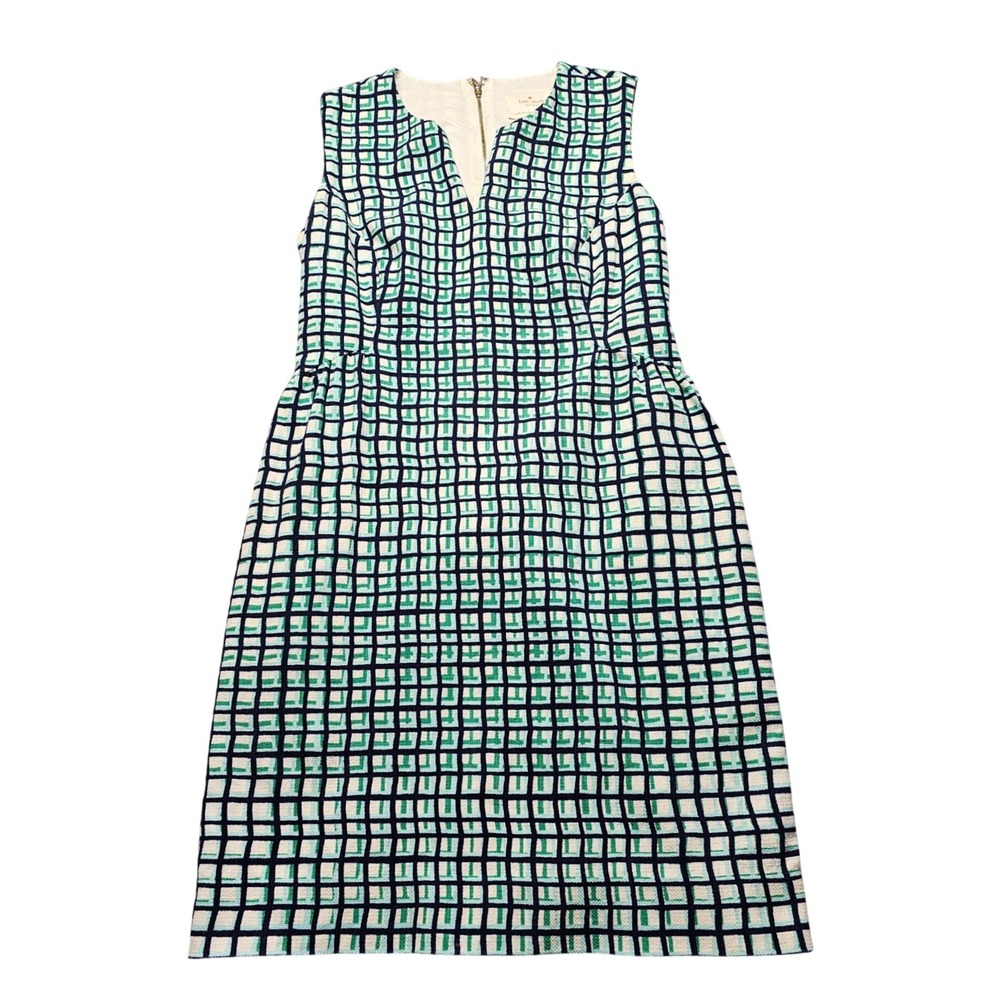 Kate Spade New York Green Navy Geometric Grid V-Neck Sheath Dress Size 2